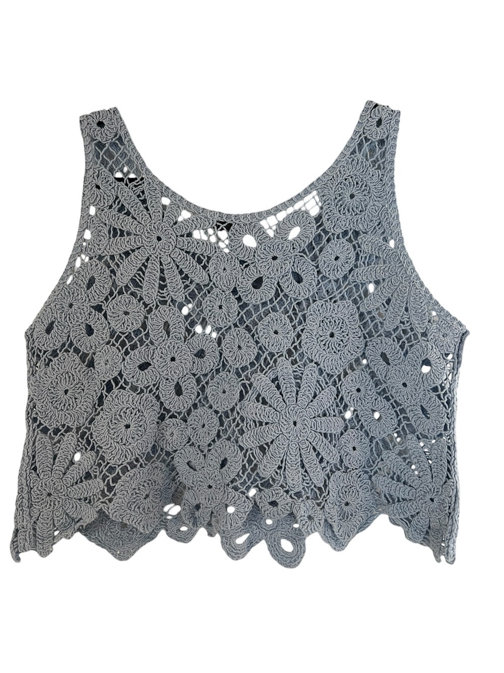 Yaira Baby Blue 100% Cotton Floral Crochet Boho Coastal Casual Tank Top- L - Picture 2 of 6